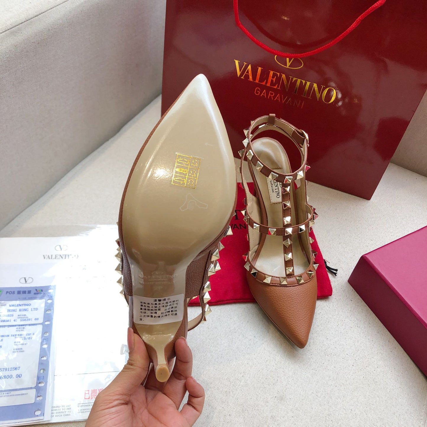 ROCKSTUD BRONZE BROWN METALLIC CALFSKIN ANKLE STRAP HIGH SANDAL