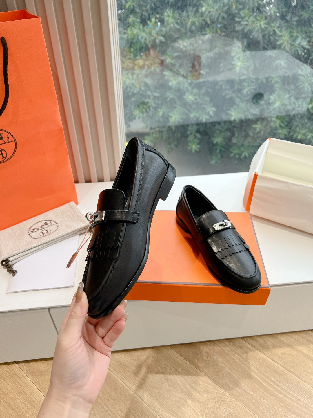 Destin Loafer Black Goatskin with Fringe Detail