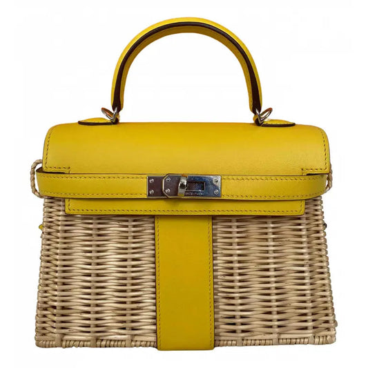 KELLY 20CM JAUNE DE NAPLES SWIFT IN YELLOW LEATHER AND WICKER SILVER HARDWARE